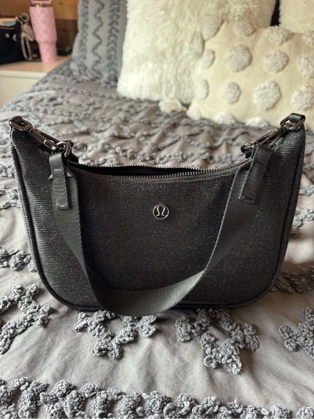 lululemon athletica Black Sparkle Shoulder Bag with Silver Logo